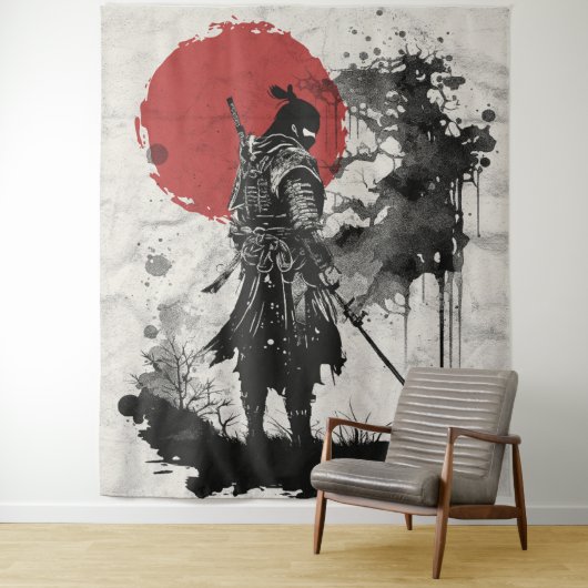 Samurai-Krieger, umgeben von Tintenspritzern. タペストリー (インサイチュ)