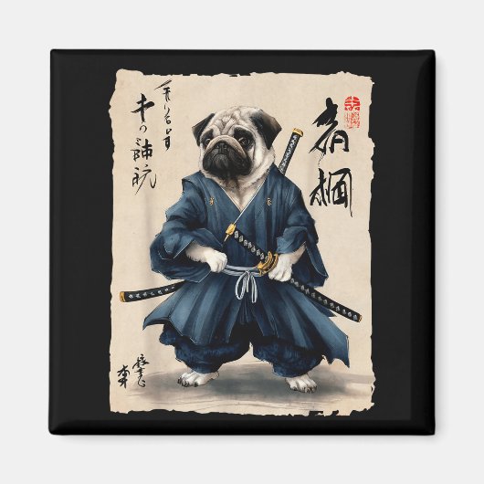 Samurai Pug Japanese Anime Dog Pug Lover Funny For マグネット (正面)