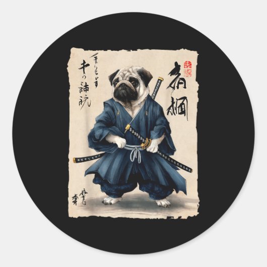 Samurai Pug Japanese Anime Dog Pug Lover Funny For ラウンドシール (正面)