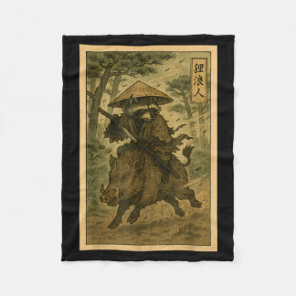Samurai Raccoon Ronin Riding Boar Japanese Forest  フリースブランケット