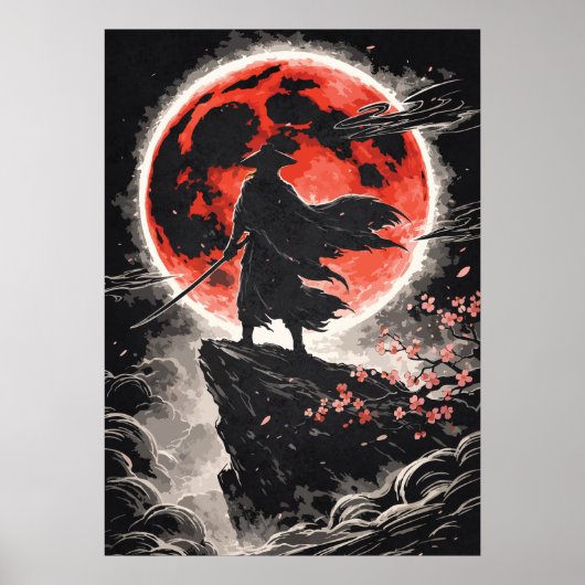 Samurai Ronin in Red Moon - Japanese Anime Art ポスター (正面)