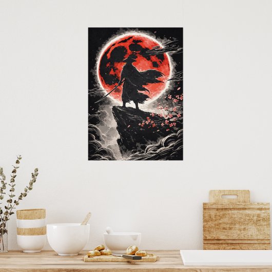 Samurai Ronin in Red Moon - Japanese Anime Art ポスター (キッチン)