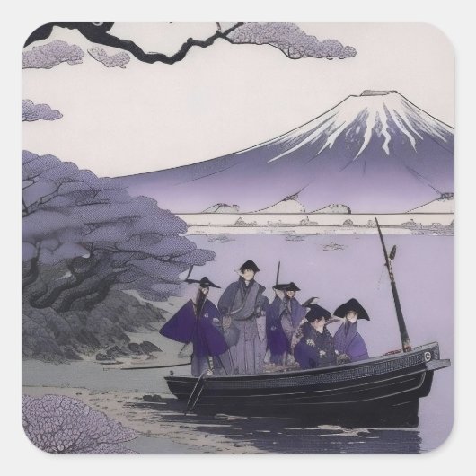 Samurai Sticker Mount Fuji Japanese Art スクエアシール (正面)
