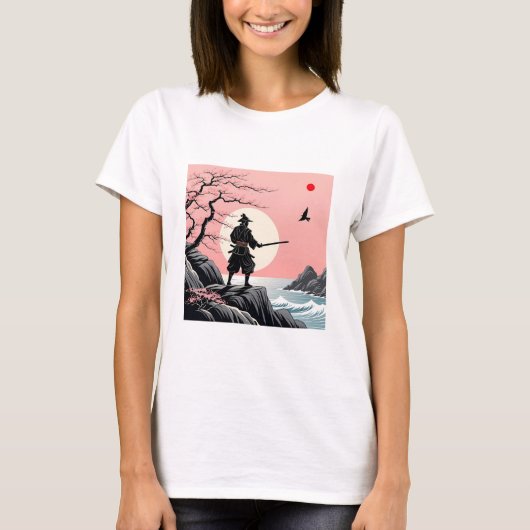 Samurai Sunset Design - Ukiyo-e Cherry Blossom Art Tシャツ (正面)