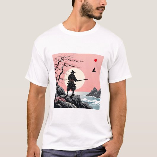Samurai Sunset Design - Ukiyo-e Cherry Blossom Art Tシャツ (正面)