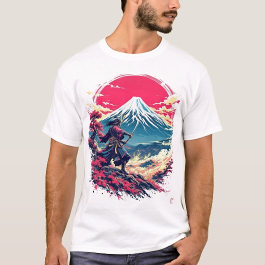 Samurai Warrior at Mount Fuji Japanese Art T-Shirt Tシャツ (正面)