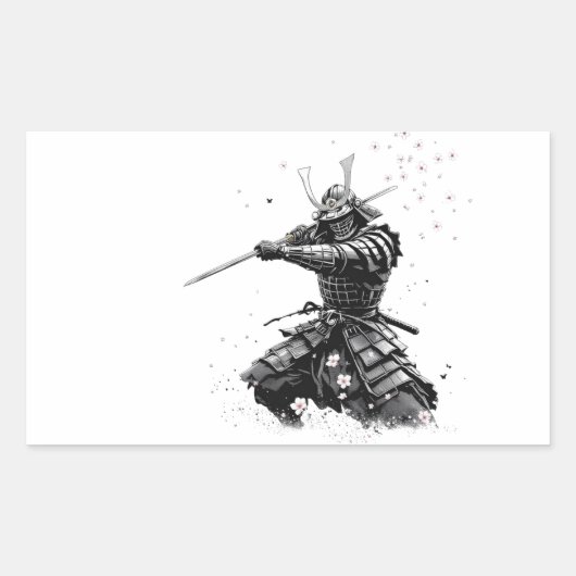 Samurai Warrior in Action Japanese Art Ceramic 長方形シール (正面)