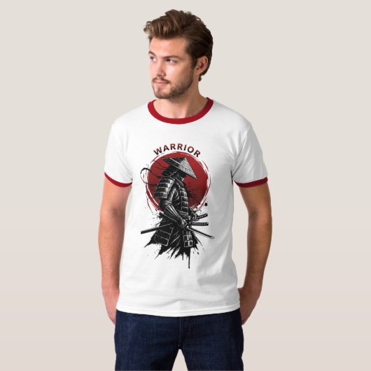Samurai Warrior Rising Sun Japanese Ink Style Tシャツ (正面フル)
