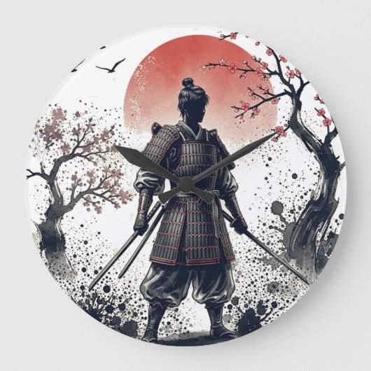 Samurai Warrior with Twin Katanas Sunset Art ラージ壁時計 (正面)