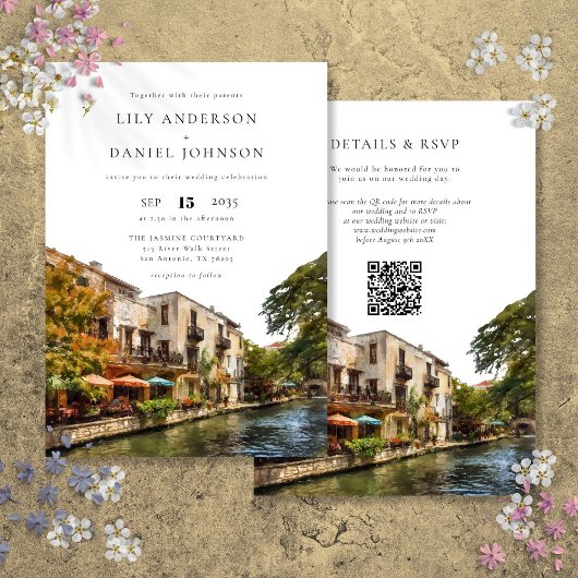 San Antonio Watercolor QR Code Wedding 招待状