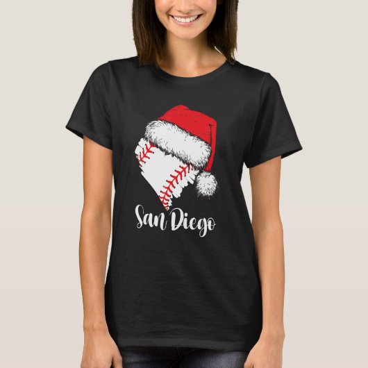 San Diego Baseball Heart Santa Hat Merry Xmas Tシャツ (正面)