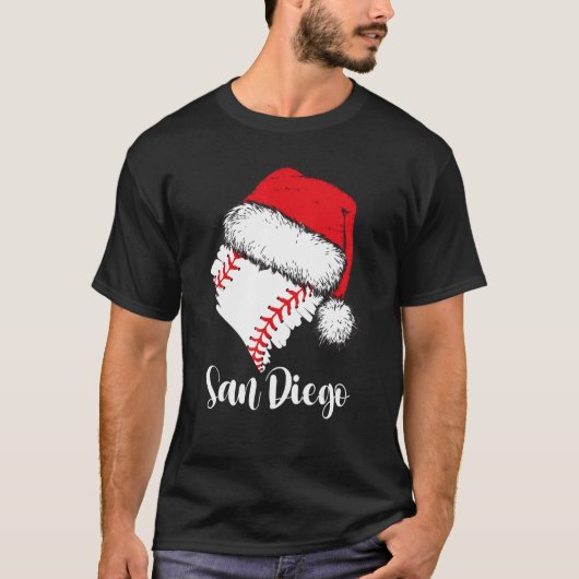 San Diego Baseball Heart Santa Hat Merry Xmas Tシャツ (正面)