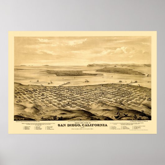 San Diego, CA Panoramic Map - 1876 ポスター (正面)