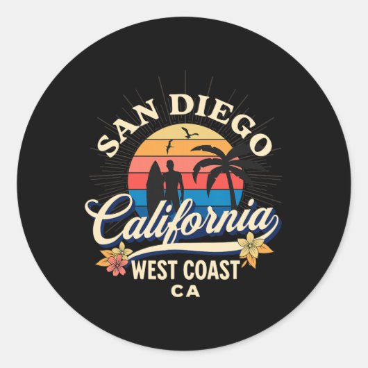 San Diego California Beach Surf Summer Vacation Vi ラウンドシール (正面)