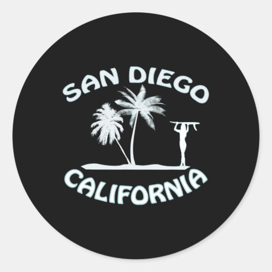 San Diego California Retro Surfing Beach Surf Girl ラウンドシール (正面)