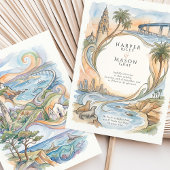 San Diego Coastal Landmarks Watercolor Wedding 招待状