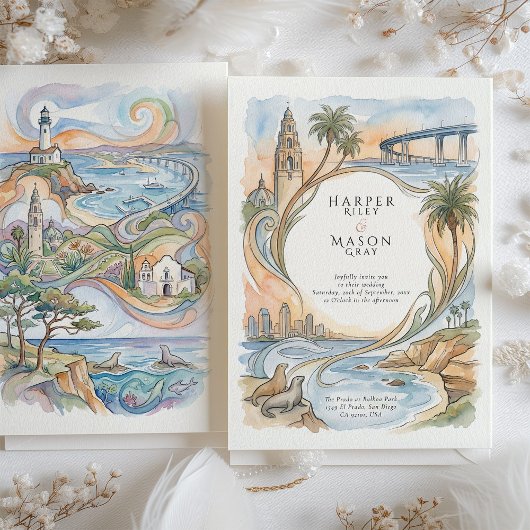 San Diego Coastal Landmarks Watercolor Wedding 招待状