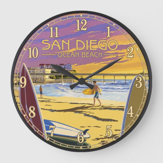 San Diego Ocean Beach Sunset Surf ラージ壁時計 (正面)