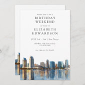 San Diego Skyline Watercolor Birthday Weekend 招待状 (正面/裏面)