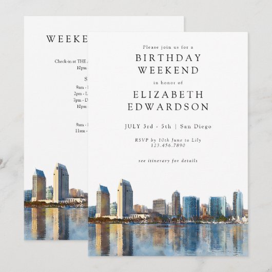 San Diego Skyline Watercolor Birthday Weekend 招待状 (正面/裏面)
