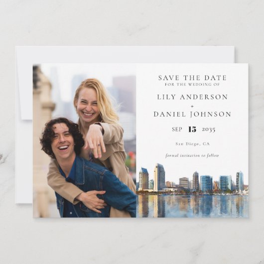 San Diego Skyline Watercolor Photo Wedding セーブザデート (正面)