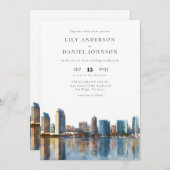 San Diego Skyline Watercolor QR Code Wedding 招待状 (正面/裏面)