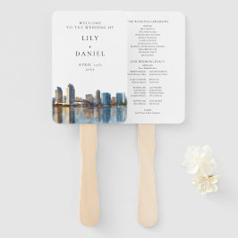 San Diego Skyline Watercolor Wedding Program ハンドファン