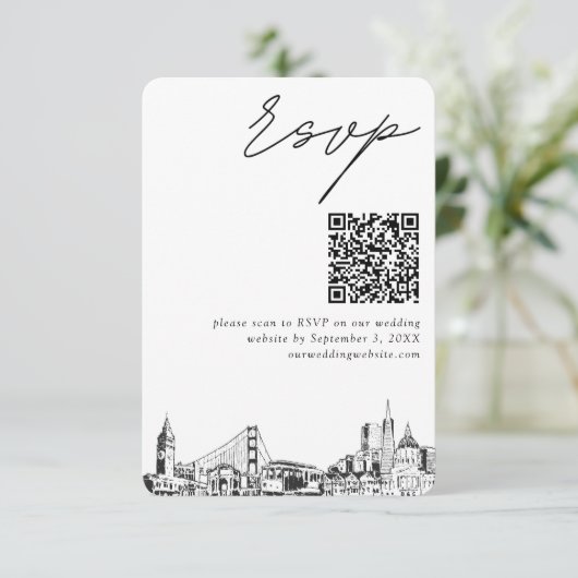 San Francisco Hochzeit Moderne RSVP QR-Code エンクロージャーカード (スタンド正面)