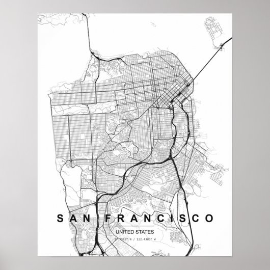San Francisco Minimalist Map (Black & White) ポスター (正面)