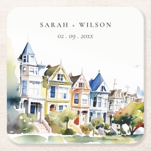 San Francisco Painted Ladies Landscape Wedding スクエアペーパーコースター (正面)