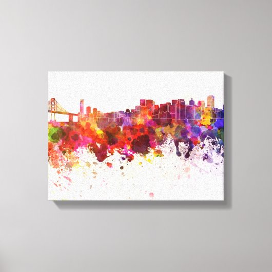 San Francisco skyline in watercolor background キャンバスプリント (正面)