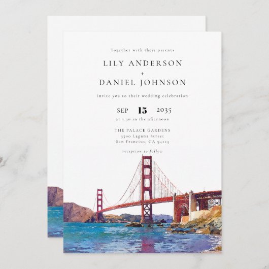 San Francisco Watercolor QR Code Wedding 招待状 (正面/裏面)