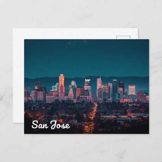 San Jose Skyline Night View ポストカード (正面/裏面)