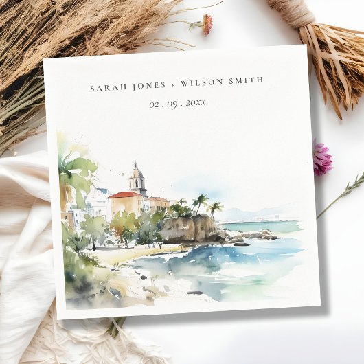 San Juan Puerto Rico Watercolor Landscape Wedding スタンダードカクテルナプキン