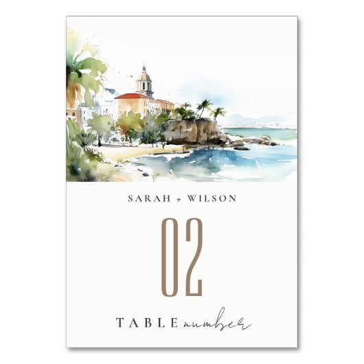 San Juan Puerto Rico Watercolor Landscape Wedding テーブルナンバー (正面)