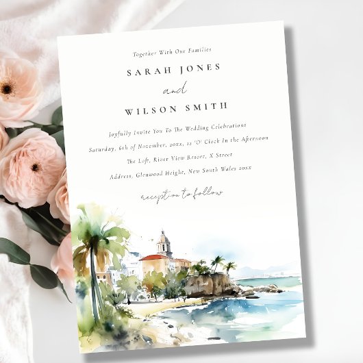 San Juan Puerto Rico Watercolor Landscape Wedding 招待状