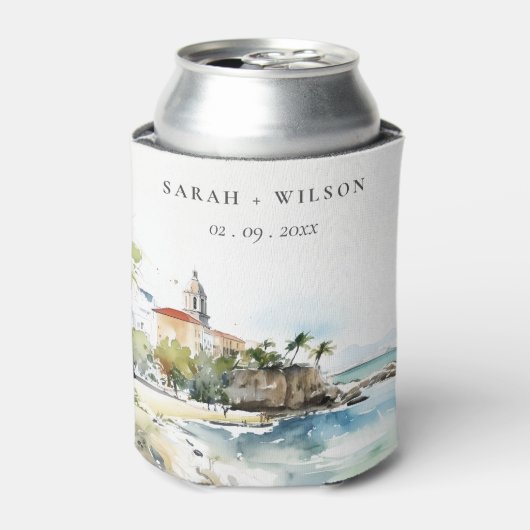 San Juan Puerto Rico Watercolor Landscape Wedding 缶クーラー (缶正面)