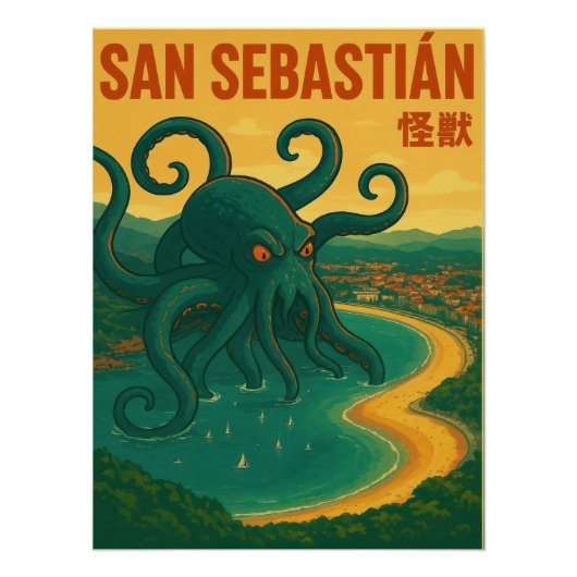 San Sebastian Octopus Attack Vintage Travel Poster ポスター (正面)