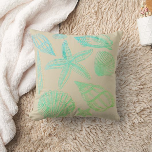 Sand Beige Seashell Ombre Aqua Coastal Beach House クッション (ブランケット)