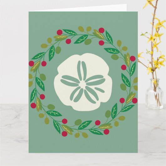 Sand Dollar Seashell Christmas Wreath カード (黄色い花)
