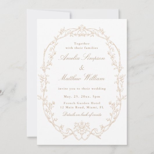 Sand Ornate Floral Frame All in One Wedding 招待状 (正面)