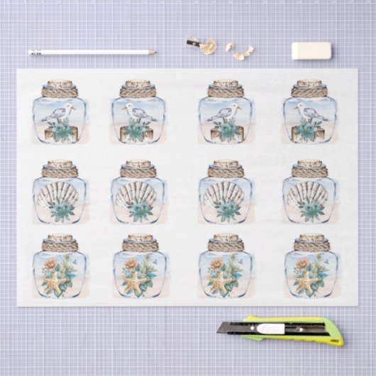 Sandpipers Flowers Shells Jar Decoupage Paper 薄葉紙 (クラフト)