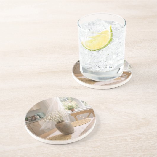 Sandstone Coaster Neutral Farmhouse Baby's Breath コースター (側面)