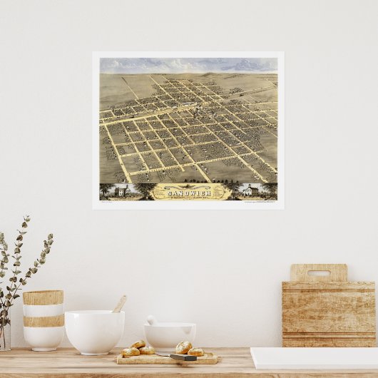 Sandwich, IL Panoramic Map - 1869 ポスター (キッチン)
