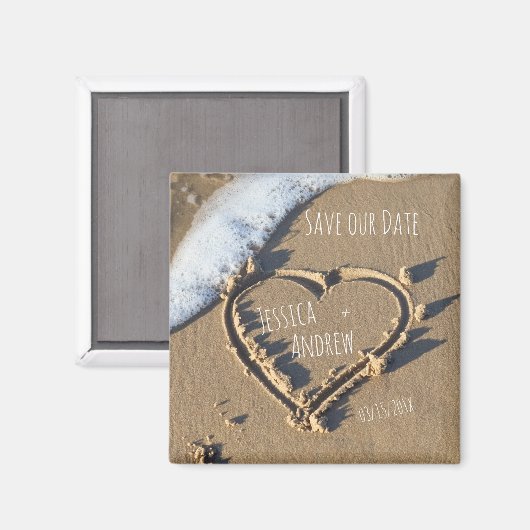 Sandyビーチパーソナライズされた名のハート救の日付 マグネット (正面/裏面)