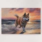 Sandy Paws Akita Dog on Beach Sunset ジグソーパズル (横)