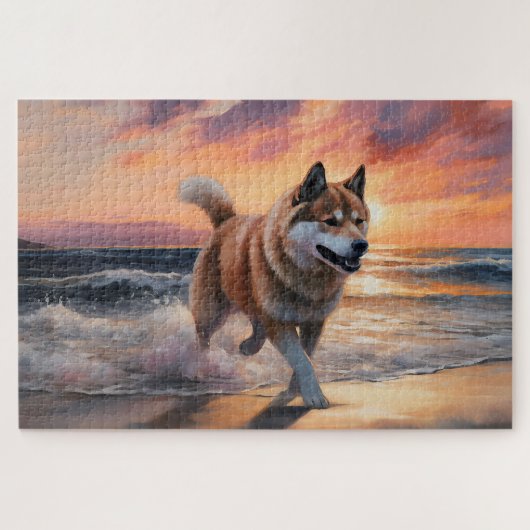 Sandy Paws Akita Dog on Beach Sunset ジグソーパズル (横)