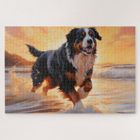 Sandy Paws Bernese Mountain Dog on Beach Sunset ジグソーパズル (横)