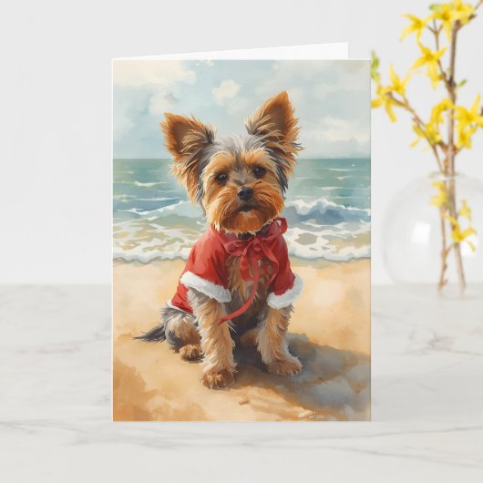 Sandy Paws & Christmas Cheer – Yorkie at the Beach カード (黄色い花)