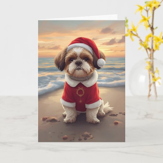 Sandy Paws & Holiday Cheer – Little Beach Santa カード (黄色い花)